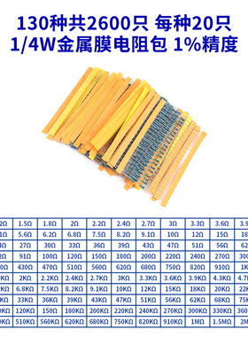 1/4W金属膜电阻包0.5W1W2W3W直插电子元件包19/30/41/130种1%常用
