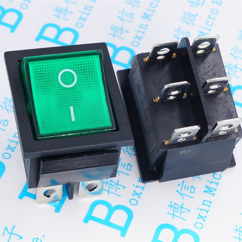 KCD4船型开关 31x25mm 六脚 船形 6脚 16A 250V  绿色 带灯