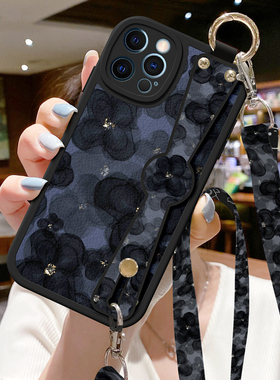 山茶花适用iPhone15苹果13手机壳16新款11女14带挂绳17斜挎背带promax防摔8plus腕带Pro硅胶12斜跨XR保护套XS
