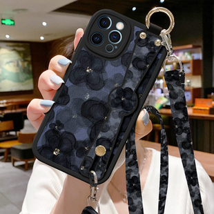 山茶花适用iPhone15苹果13手机壳16新款 11女14带挂绳Pro斜挎背带promax防摔8plus腕带7硅胶12斜跨XR保护套XS