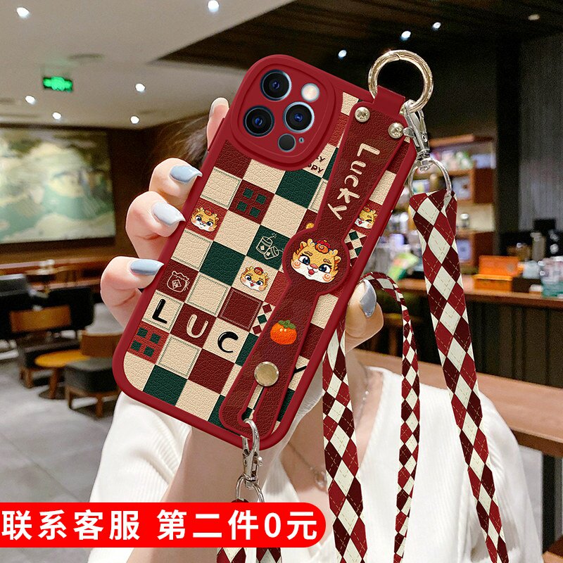 适用苹果15手机壳新款14创意13简约16promax格子龙17背带pro防摔12腕带8plus斜挎挂绳11全包6绳子xs保护套max