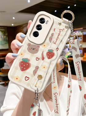 草莓小熊适用opporeno12手机壳OPPO新款13Pro斜挎挂绳reno11腕带10背带9潮流5女rano8简约7se卡通6保护套RENO