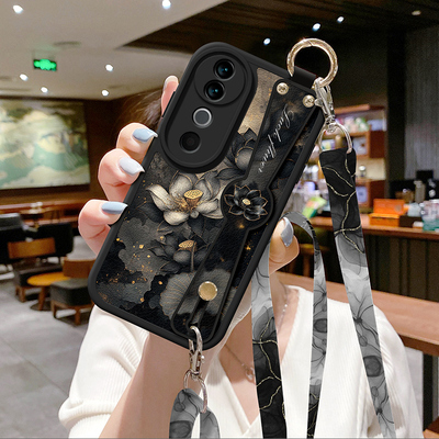 适用vivo s20手机壳S19新款s18pro油画荷花s17e斜挎挂绳x70简约x60t背带s10腕带x50软硅胶s16女s15保护套s12