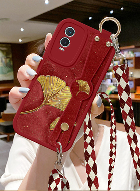 适用vivoy78手机壳y76s新款y77银杏花y200背带y35斜跨y73S防摔y53s挂绳y33s斜挎100腕带y52s保护套y55s女vivo