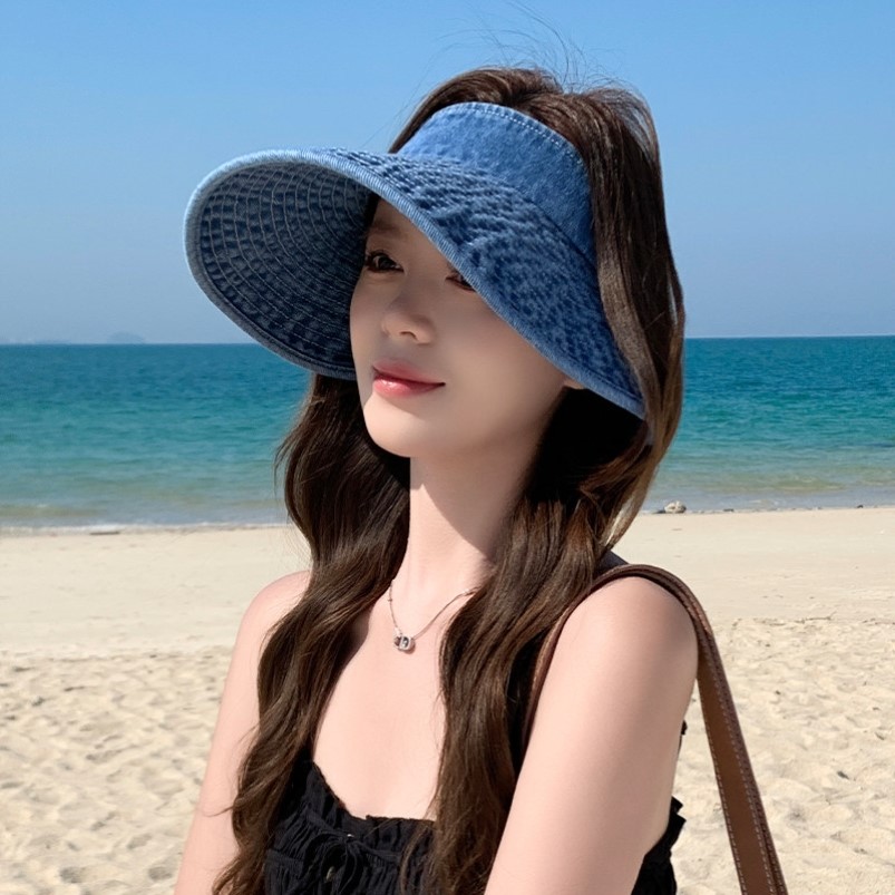 帽子女夏季新款牛仔空顶防晒帽大帽檐遮阳帽防紫外线可折叠太阳帽