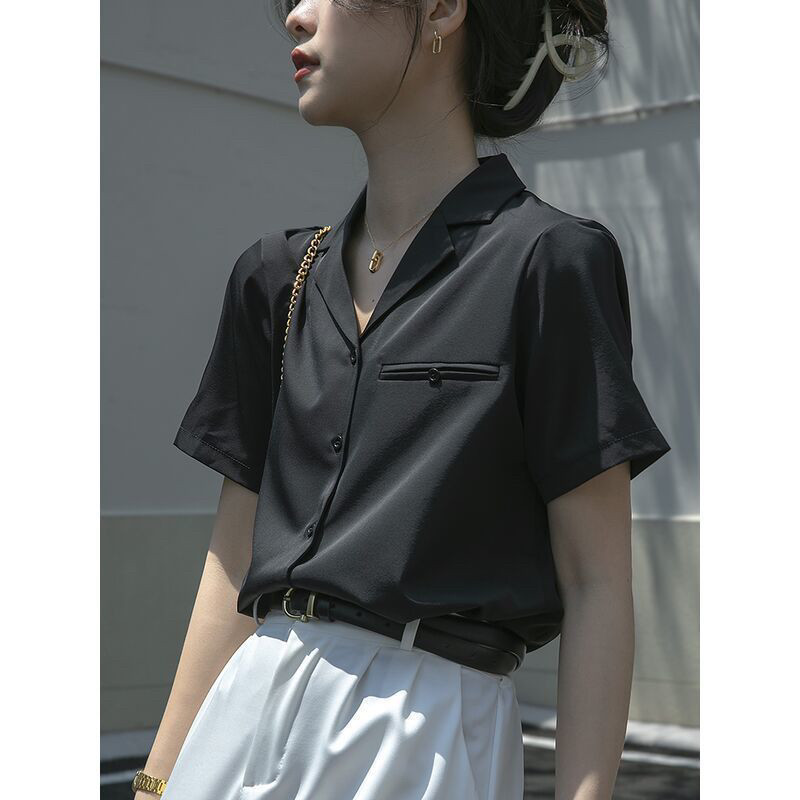 正装黑色短袖女衬衣夏季西装领雪纺衬衫职业通勤气质面试上衣薄款