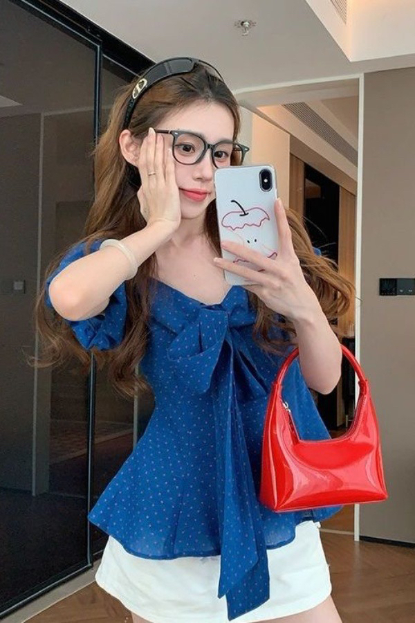 夏日蓝色蝴蝶结爱心波点短袖衬衫女2025新款韩系chic别致小衫上衣