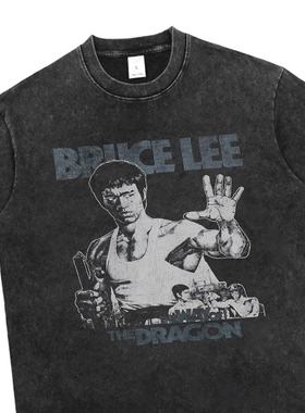 电影猛龙过江李小龙龙争虎斗水洗印花做旧复古纯棉宽松短袖男T恤U