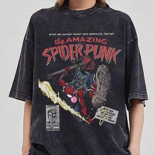 Spider-Man蜘蛛侠卡通动漫联名美式街头水洗做旧短袖T恤男t-shirt