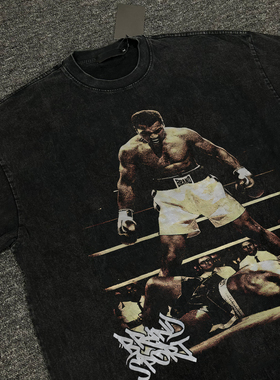 美式复古拳王阿里经典击倒印花圆领短袖男女同款休闲潮T恤t-shirt