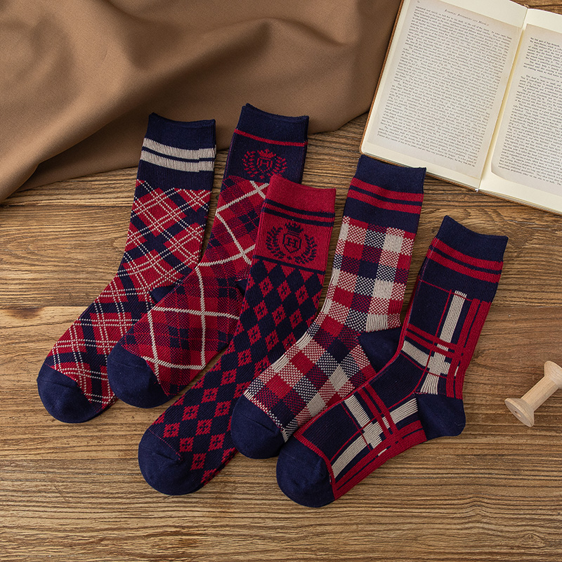 格子袜子复古女中筒春