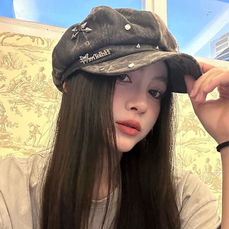 帽子女2025新款时尚潮流复古水洗铆钉贝雷帽女百搭八角帽显脸帽子