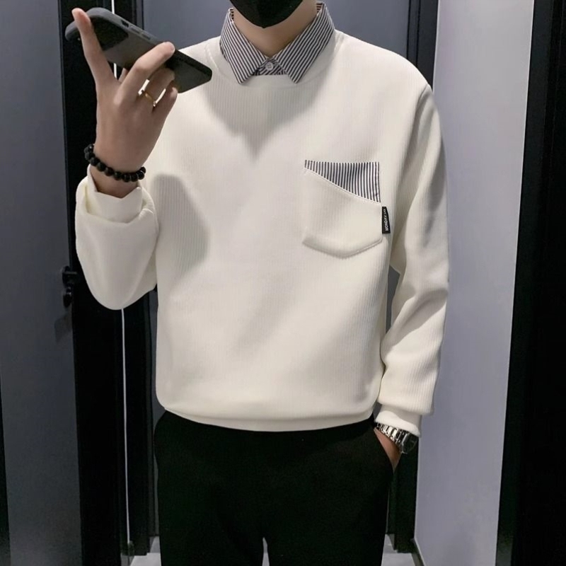 男士高端商务卫衣白色假两件条纹拼接翻领卫衣潮牌男秋季韩系穿搭