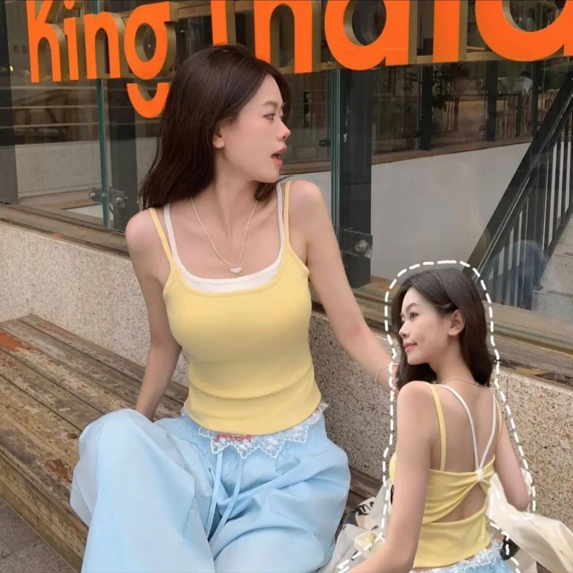 新款假两件拼色蝴蝶结镂空设计感美背少女吊带背心女一体式固定杯