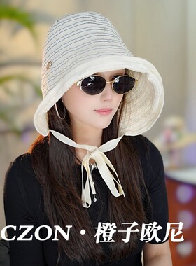 橙子欧尼系带蛋卷全脸防晒帽女大头围大帽檐遮阳帽防紫外线休闲风