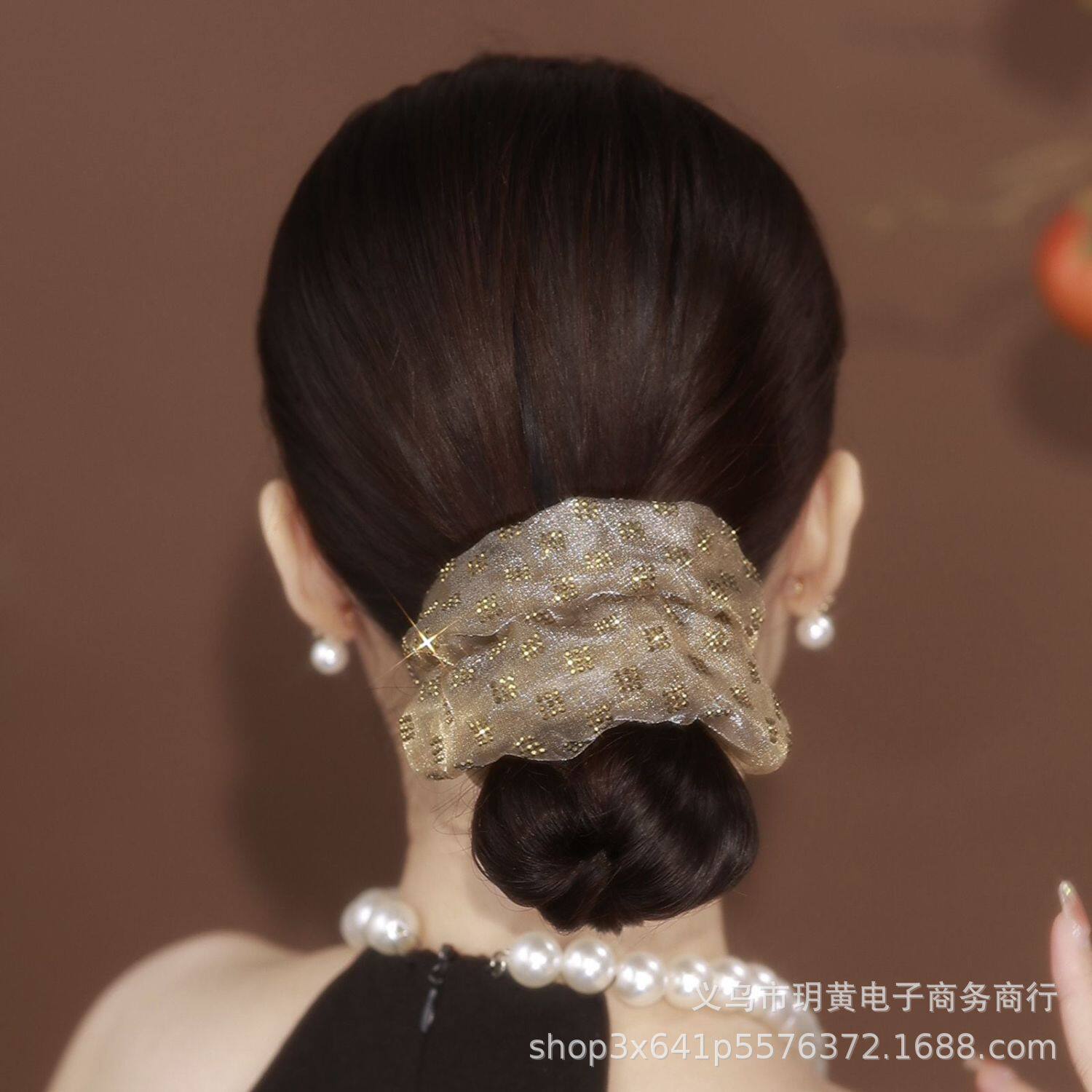 铂思亚大肠发圈香莎香槟色格子经典感设计双层欧根纱韩版发绳
