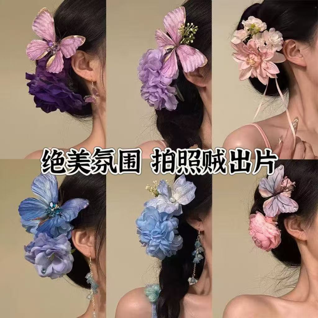新中式温柔粉色花朵发夹复古盘发丸子头簪花夹子氛围感拍照头发饰