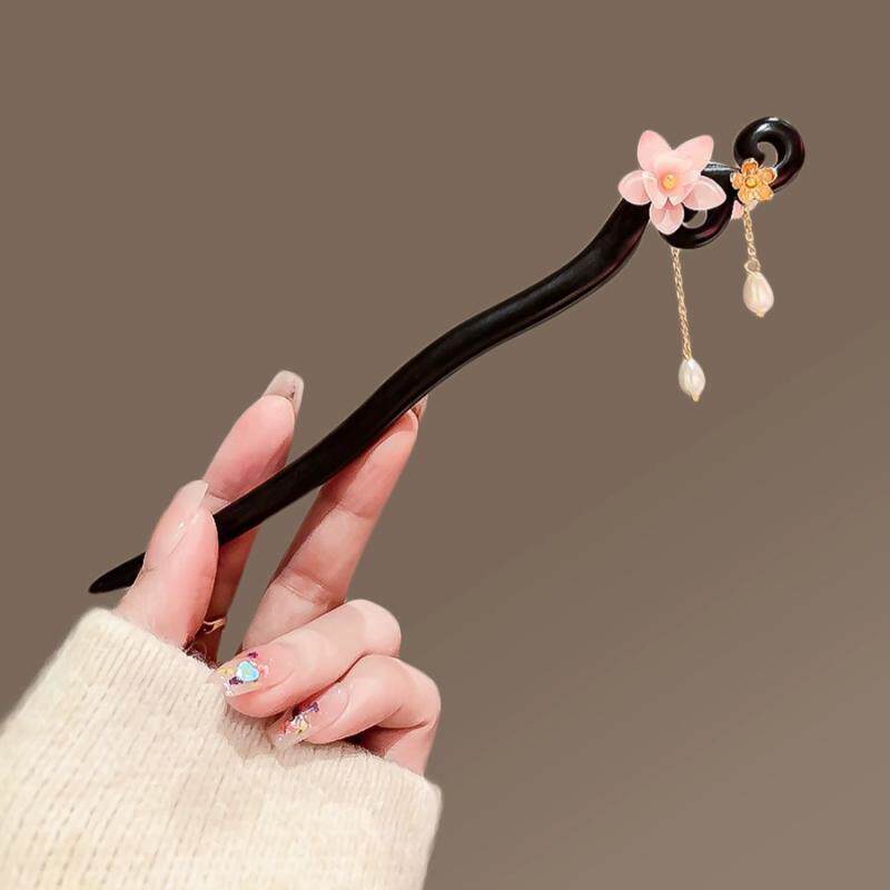 浪漫樱花发簪女感古风步摇流苏檀木簪子简约发钗汉服挽发头饰