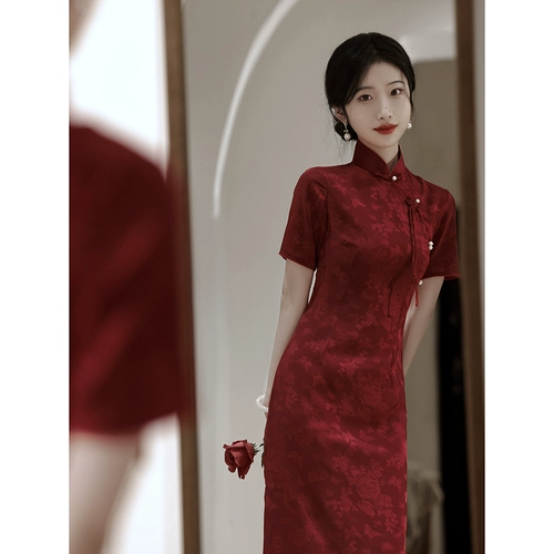 Бордовое ципао, вечернее платье, свадебное платье, летняя юбка, коллекция 2023