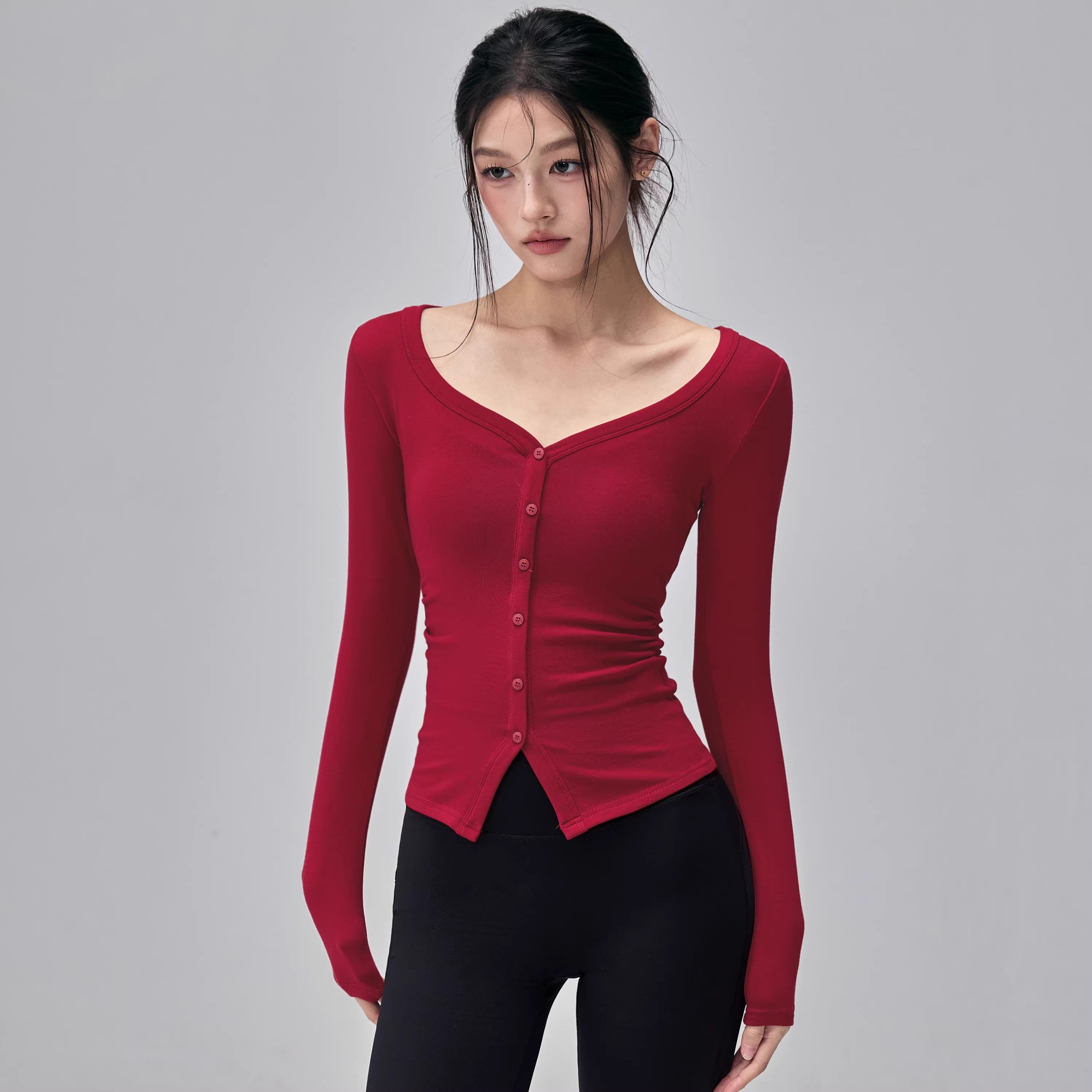 LULU VURU速干瑜伽长袖女V领排扣收腰普拉提训练跑步运动健身上衣,运动服/休闲服装,健身衣,淘宝优惠券,粉丝福利购,淘宝优惠卷