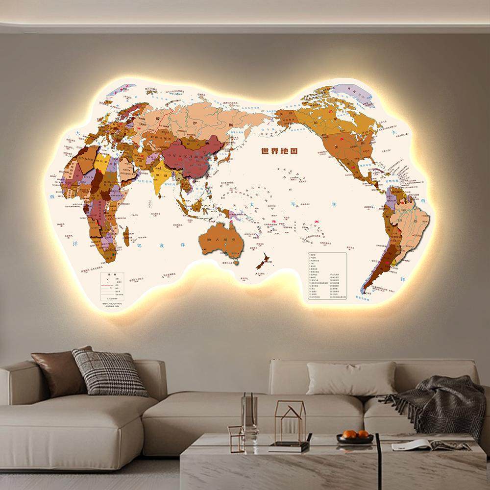 世界地图发光灯画客厅装饰画办公室书房沙发背景墙带灯氛围壁画