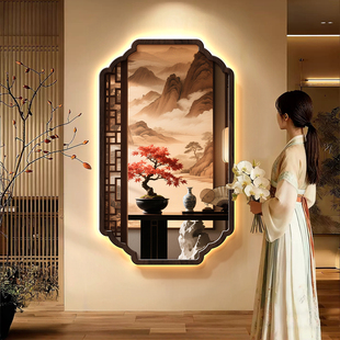 中古风玄关挂画茶室禅意山水画新中式高级感客厅走廊装饰画壁灯