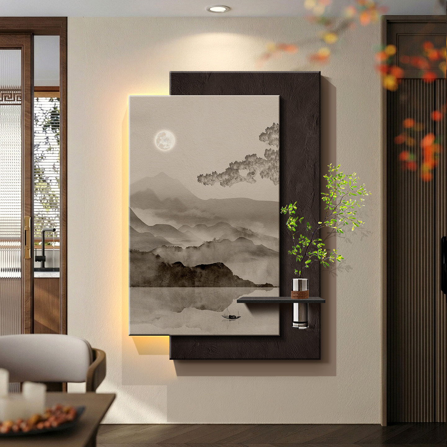 山水玄关画新中式水墨靠山挂画客厅背景墙led发光挂画走廊过道画