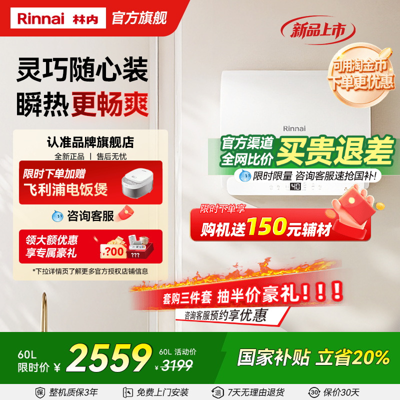 [新品电热]林内电热水器家用一级能效智能储水式速热60升E19PN