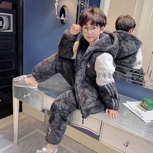 儿童睡衣冬季加厚男童法兰绒三层夹棉加绒珊瑚绒深灰配米白家居服
