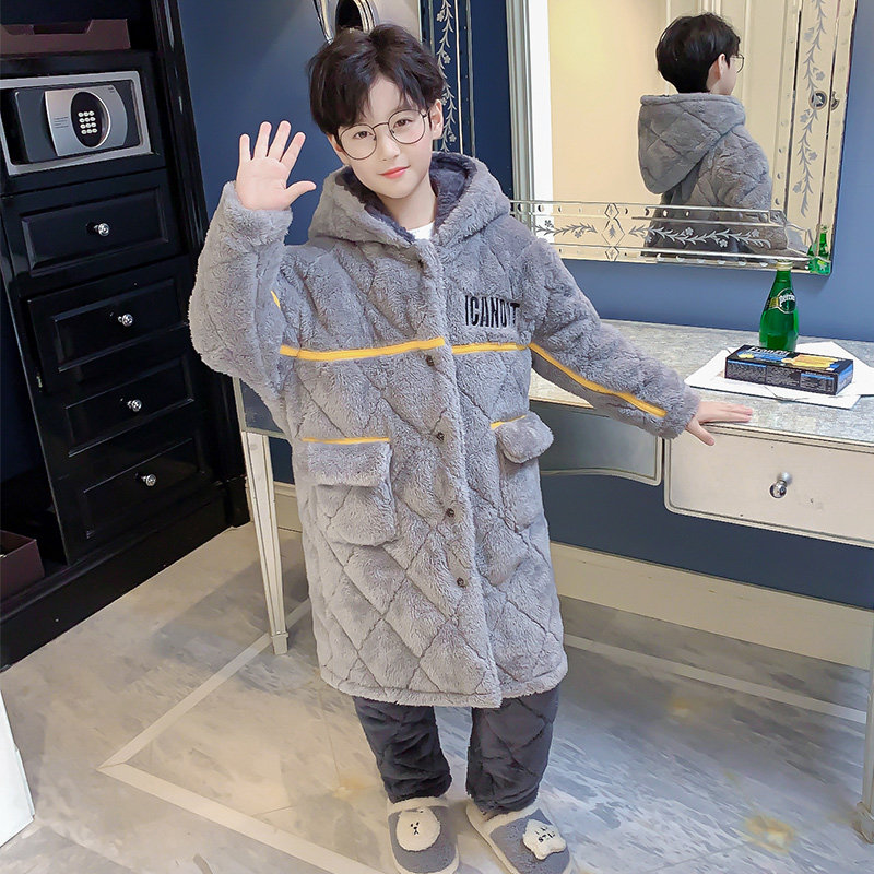 男童睡衣冬季加厚款加绒三层夹棉儿童珊瑚绒大童法兰绒家居服