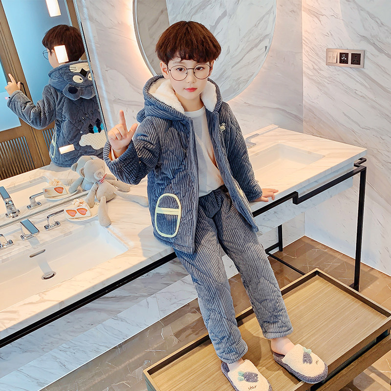 儿童睡衣加厚款男孩冬季中大童加绒男童珊瑚绒三层夹棉法兰绒冬款