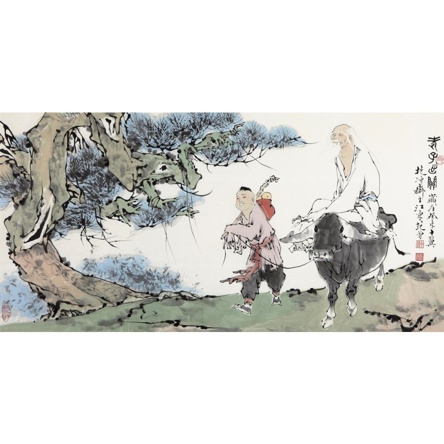 老子人物画像老子骑牛出关图横幅挂画书房玄关客厅宣纸装饰画图片