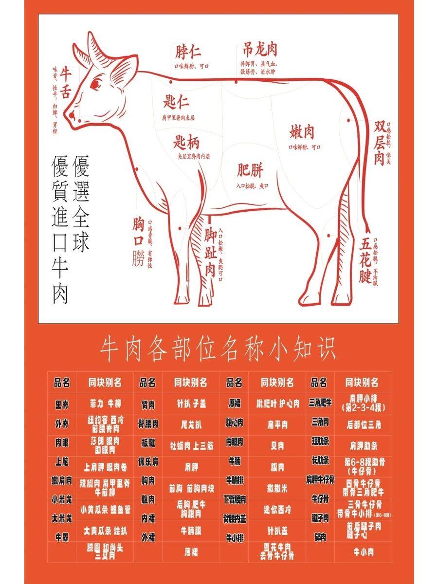 牛肉各部位名称小知识海报展板鲜牛盛宴牛肉分割图墙贴墙纸装饰画