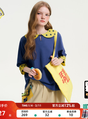 SEE YOU at PIZZA T恤女2026春季新款波点拼接娃娃领上衣647299