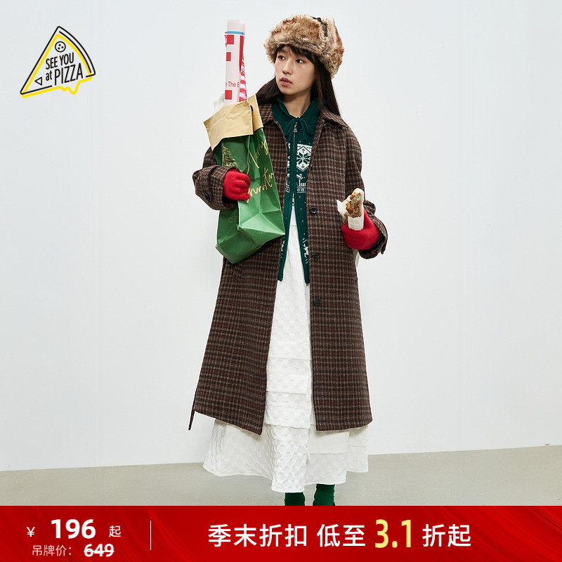 SEE YOU at PIZZA外套女冬季新款时尚格子日系毛呢大衣323052