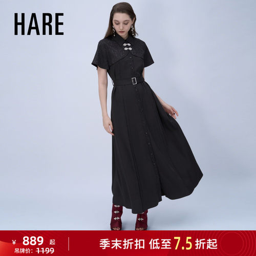 HARE连衣裙女2026夏季新款优雅蕾丝拼接收腰长款连衣裙664019