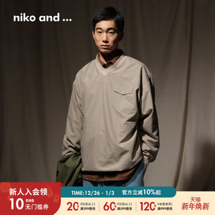 格纹复古休闲套头长袖 niko 新款 ...外套男2025冬季 夹克596102 and