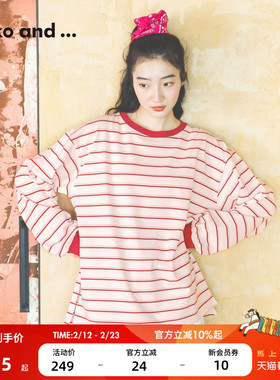 niko and ...T恤女2026春季新款条纹落肩棉质长袖上衣612978