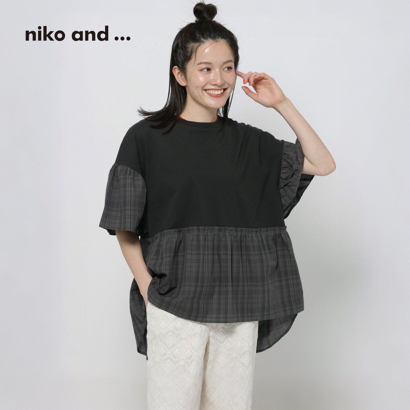 niko and ...T恤女2026夏季新款棉质拼接格纹休闲短