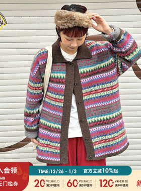 SEE YOU at PIZZA毛衣女25冬季新款羊毛混纺翻领费尔岛开衫644795