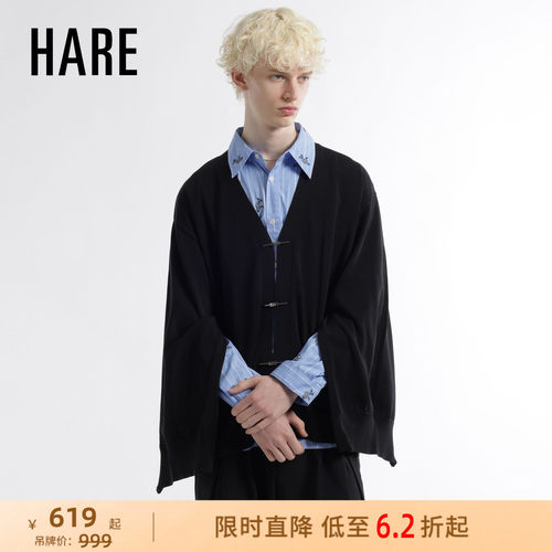 HARE针织衫男2026秋季新款时髦开叉袖口设计感V领开衫659598