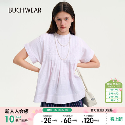BUCH WEAR衬衫女2026春季新款小格纹圆领褶皱棉质短袖645983
