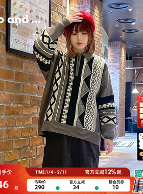 niko and ...毛针织衫女冬季新款翻领格纹宽松日系毛衣208949