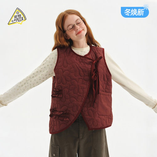 花朵绗缝棉背心 日系文艺复古感