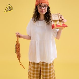 PIZZA 上衣590948 YOU 甜美花边领短袖 SEE 新款 衬衫 女2025夏季