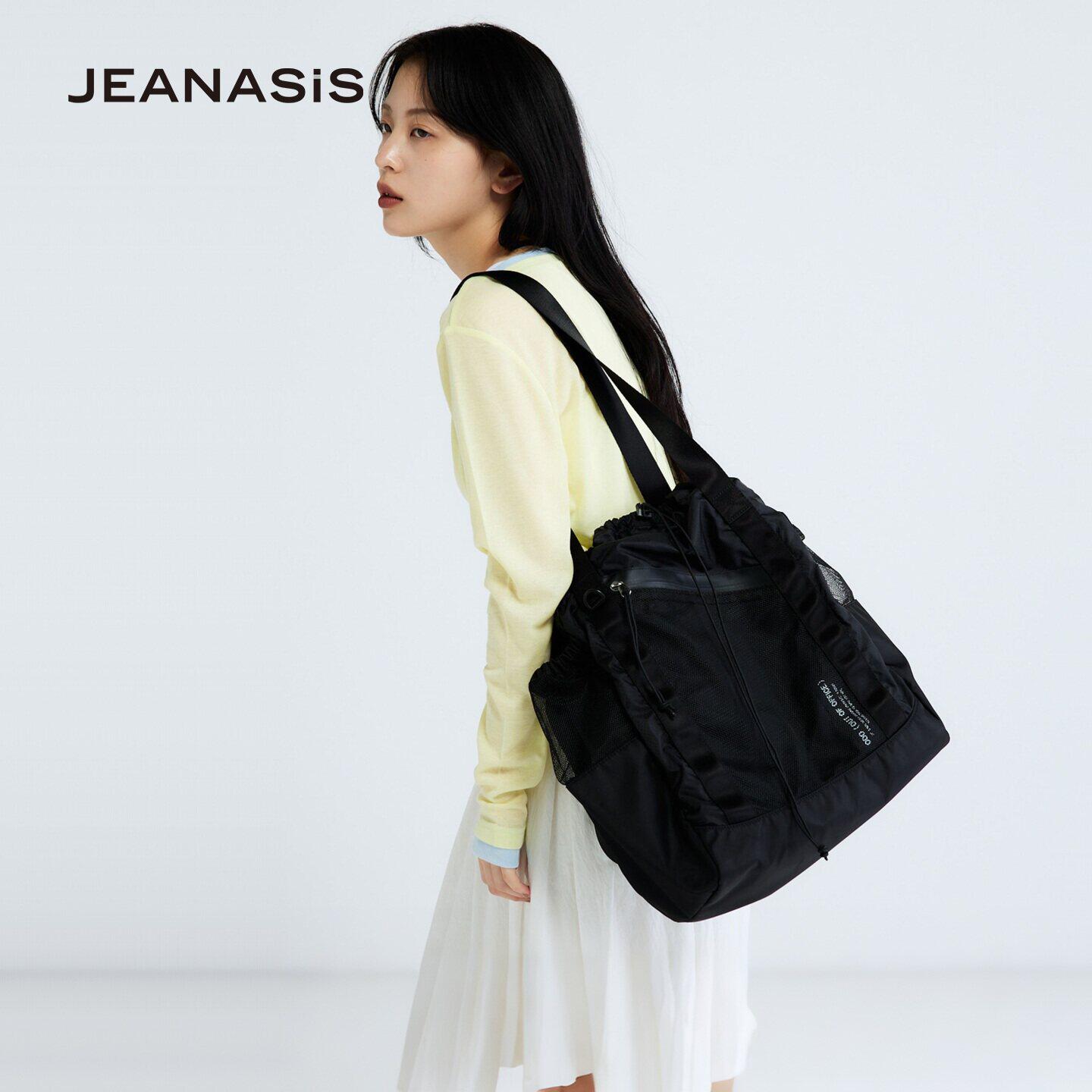 JEANASIS包袋女2026新款网面拼接抽绳水桶形出行大容量提包666199