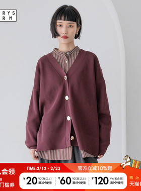 LOWRYS FARM毛衣女2025冬季新款V领宽松简约红色针织开衫581285