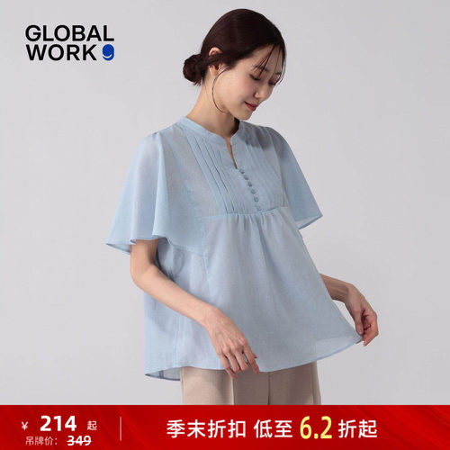 GLOBAL WORK 衬衫女2026夏季新款温柔半开领含亚麻短袖上衣611205