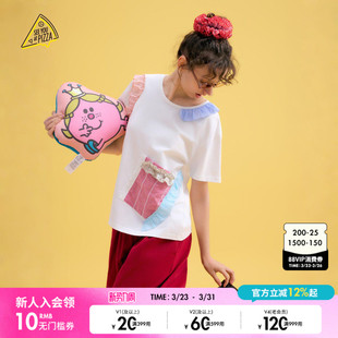 PIZZA T恤女2025夏季 新款 T恤586944 SEE 蕾丝格纹拼接短袖 YOU