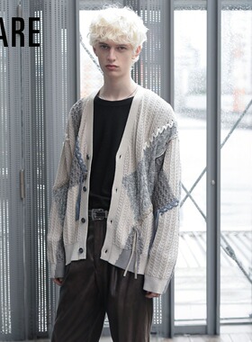 HARE针织衫男2025冬季新款潮流设计感宽松拼接长袖开衫595973